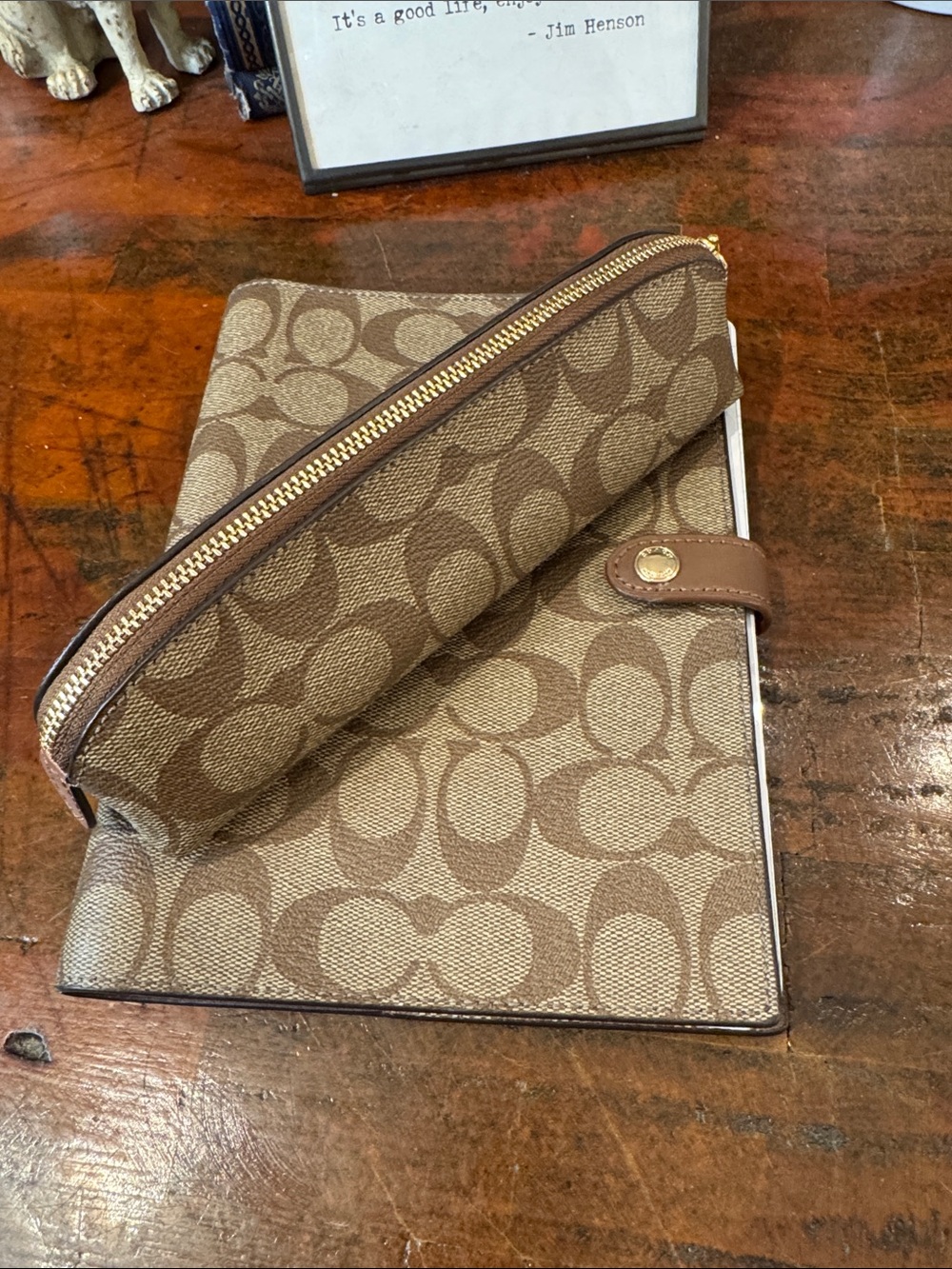 Coach Brown Signature Canvas Folio with Tab Closure and Pencil Case